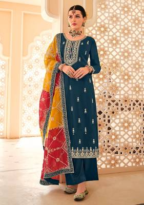 Teal blue chiffon sequins work semi stitched salwar suits suits size up to 42 1