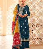 Teal blue chiffon sequins work semi stitched salwar suits suits size up to 42