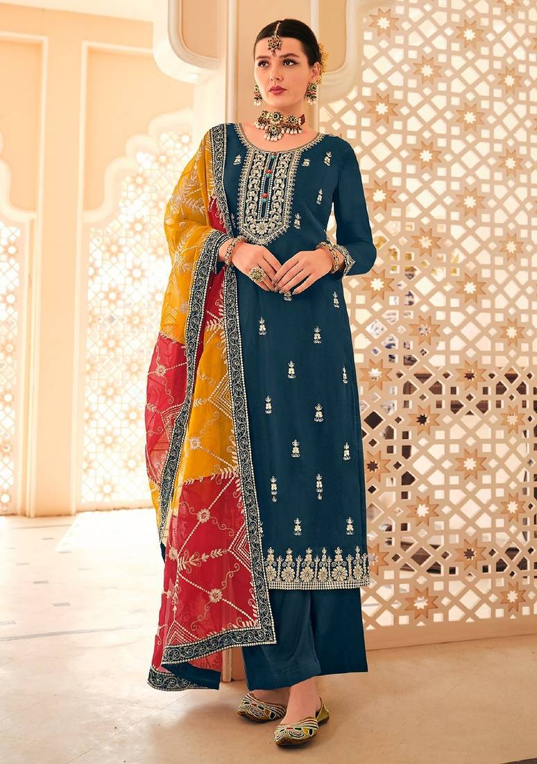 Teal blue chiffon sequins work semi stitched salwar suits suits size up to 42