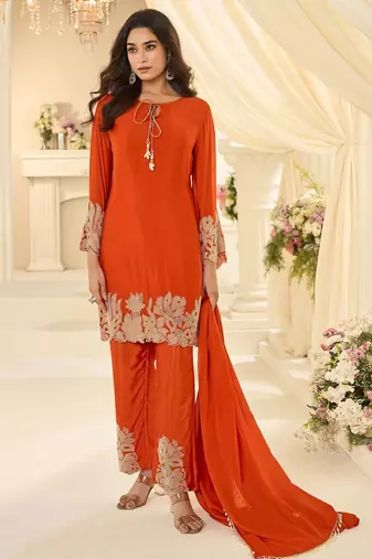Orange silk blend sequins work salwar suits free size up to 42