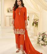 Orange silk blend sequins work salwar suits free size up to 42