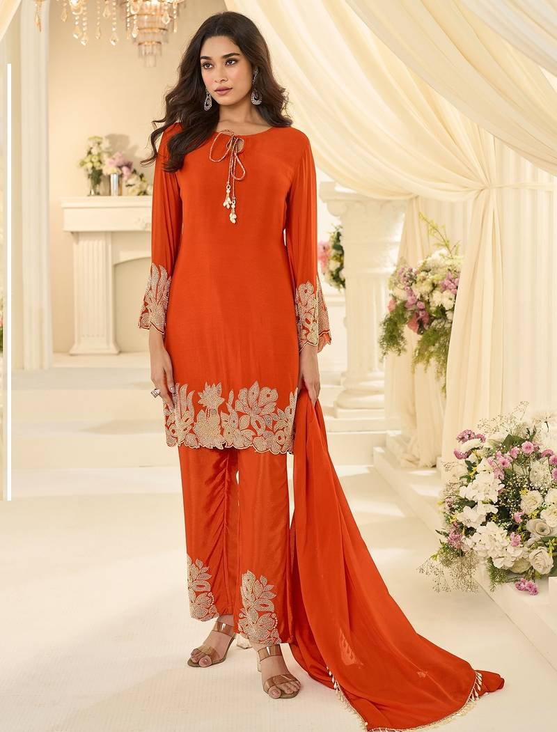 Orange silk blend sequins work salwar suits free size up to 42