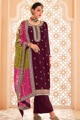 Wine chiffon sequins work semi stitched salwar suits suits size up to 42