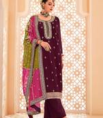 Wine chiffon sequins work semi stitched salwar suits suits size up to 42