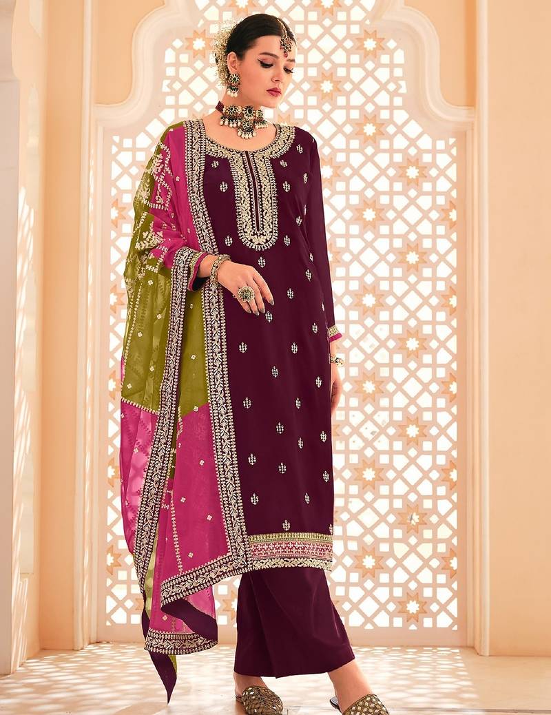Wine chiffon sequins work semi stitched salwar suits suits size up to 42