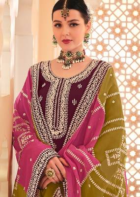 Wine chiffon sequins work semi stitched salwar suits suits size up to 42 2