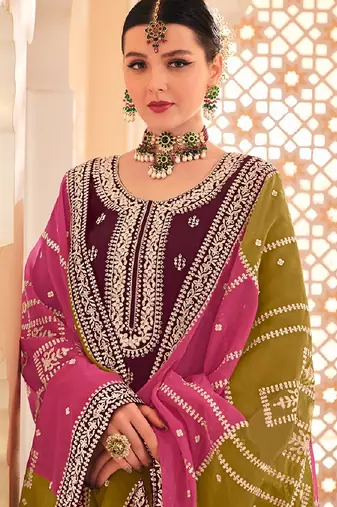 Wine chiffon sequins work semi stitched salwar suits suits size up to 42