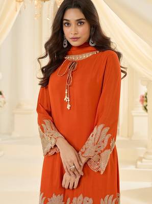 Orange silk blend sequins work salwar suits free size up to 42 2
