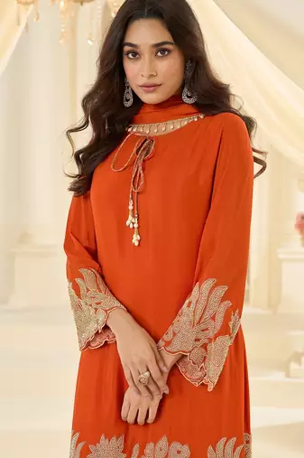 Orange silk blend sequins work salwar suits free size up to 42