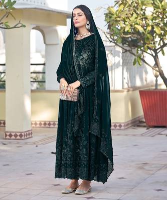 Green georgette sequins work semi stitched salwar suits suits size up to 42 1