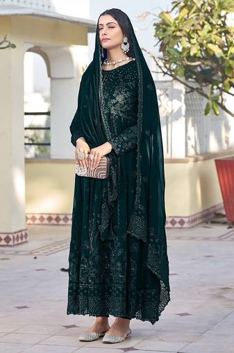 Green georgette sequins work semi stitched salwar suits suits size up to 42