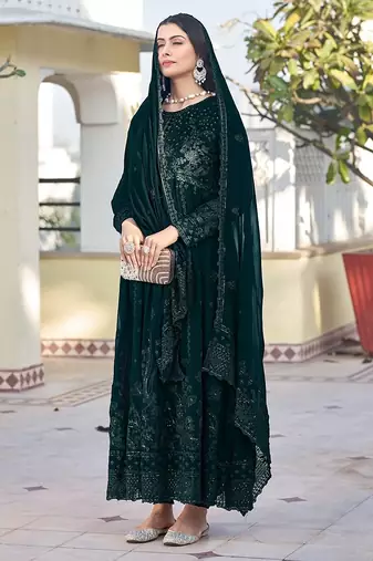 Green georgette sequins work semi stitched salwar suits suits size up to 42