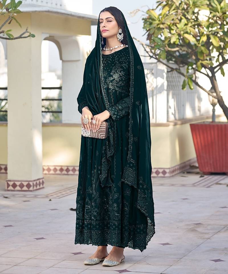 Green georgette sequins work semi stitched salwar suits suits size up to 42