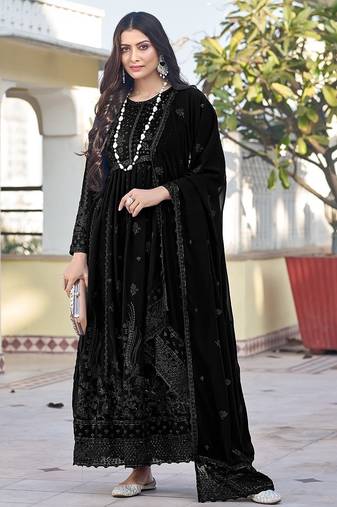 Black georgette sequins work semi stitched salwar suits suits size up to 42