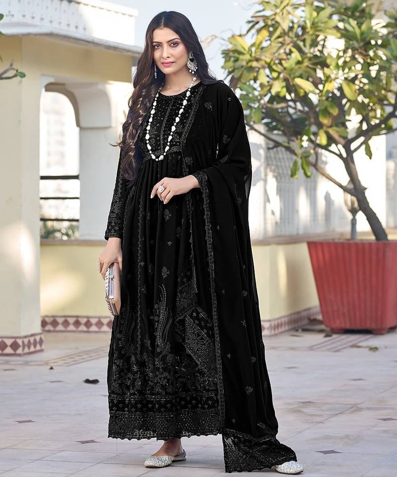 Black georgette sequins work semi stitched salwar suits suits size up to 42