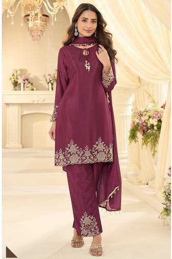 Wine silk blend sequins work salwar suits free size up to 42