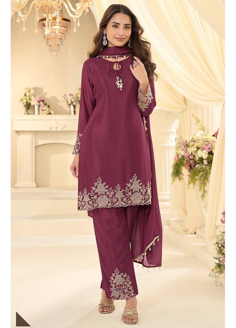 Wine silk blend sequins work salwar suits free size up to 42