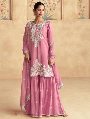 Pink silk blend sequins work semi stitched salwar suits suits size up to 42 1