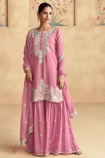 Pink silk blend sequins work semi stitched salwar suits suits size up to 42