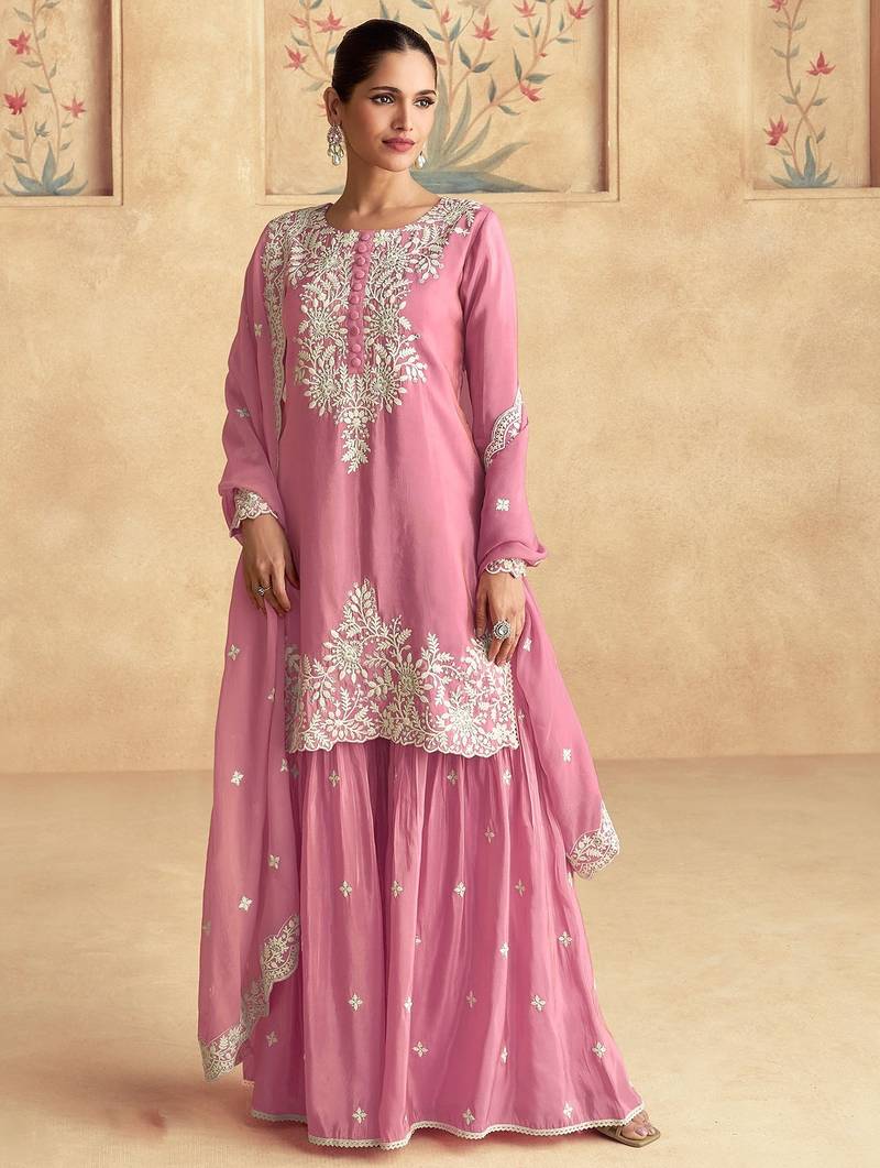 Pink silk blend sequins work semi stitched salwar suits suits size up to 42