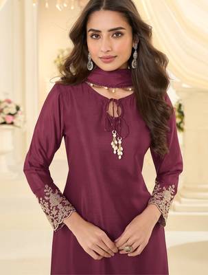 Wine silk blend sequins work salwar suits free size up to 42 2
