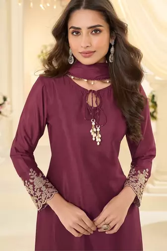 Wine silk blend sequins work salwar suits free size up to 42
