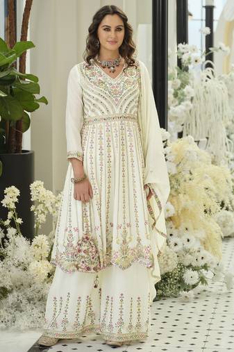 White chiffon sequins work salwar suits free size up to 42