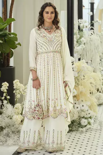 White chiffon sequins work salwar suits free size up to 42