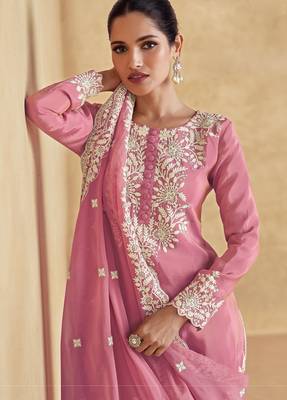 Pink silk blend sequins work semi stitched salwar suits suits size up to 42 2