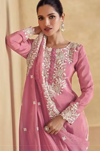 Pink silk blend sequins work semi stitched salwar suits suits size up to 42