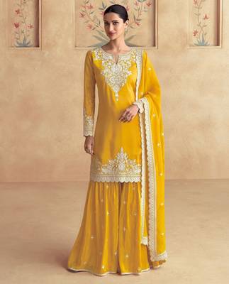 Mustard silk blend sequins work semi stitched salwar suits suits size up to 42 1