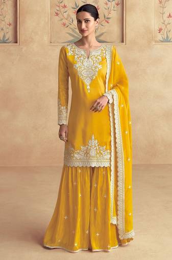 Mustard silk blend sequins work semi stitched salwar suits suits size up to 42