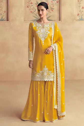 Mustard silk blend sequins work semi stitched salwar suits suits size up to 42