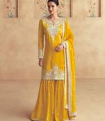 Mustard silk blend sequins work semi stitched salwar suits suits size up to 42