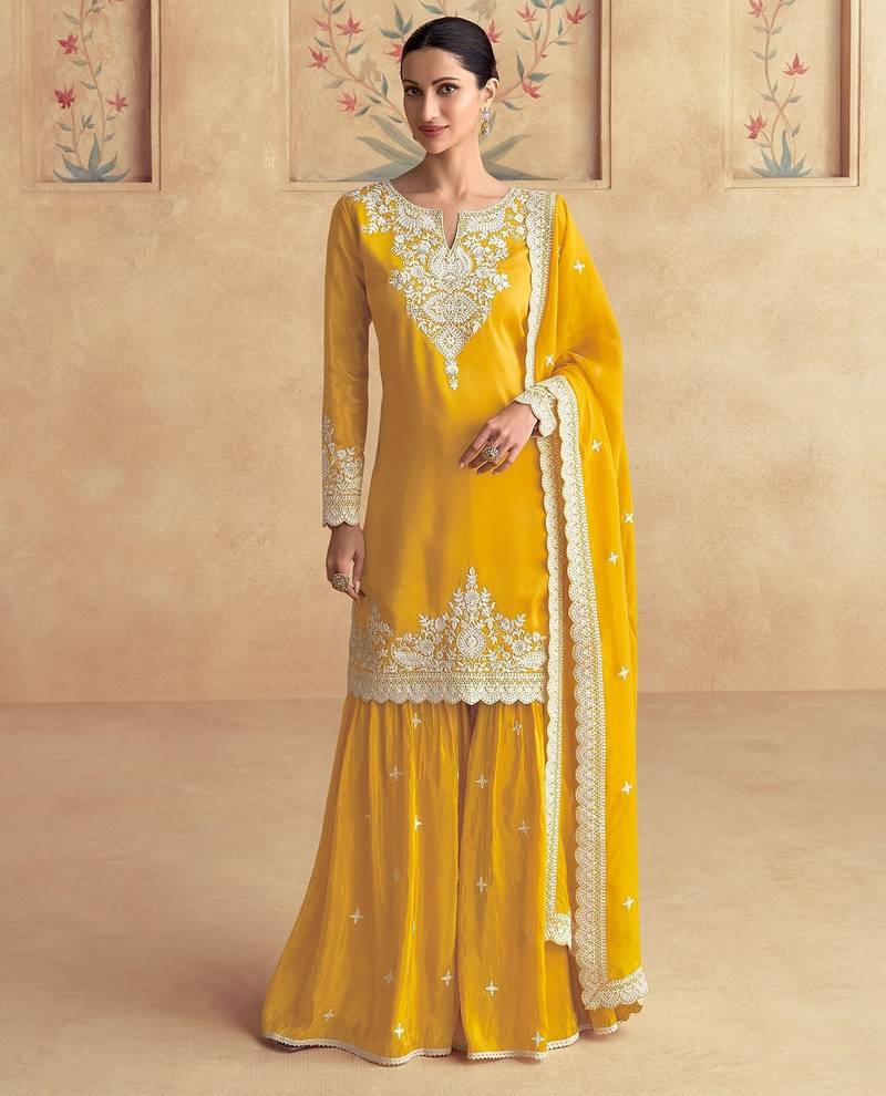 Mustard silk blend sequins work semi stitched salwar suits suits size up to 42