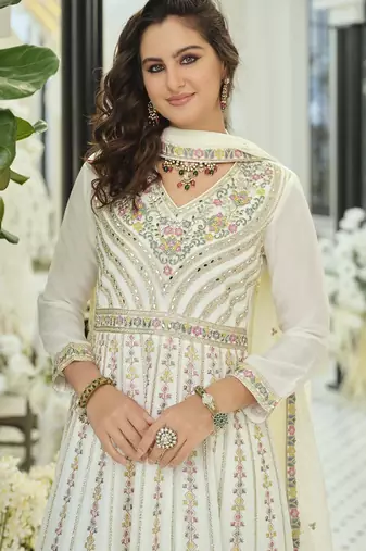 White chiffon sequins work salwar suits free size up to 42