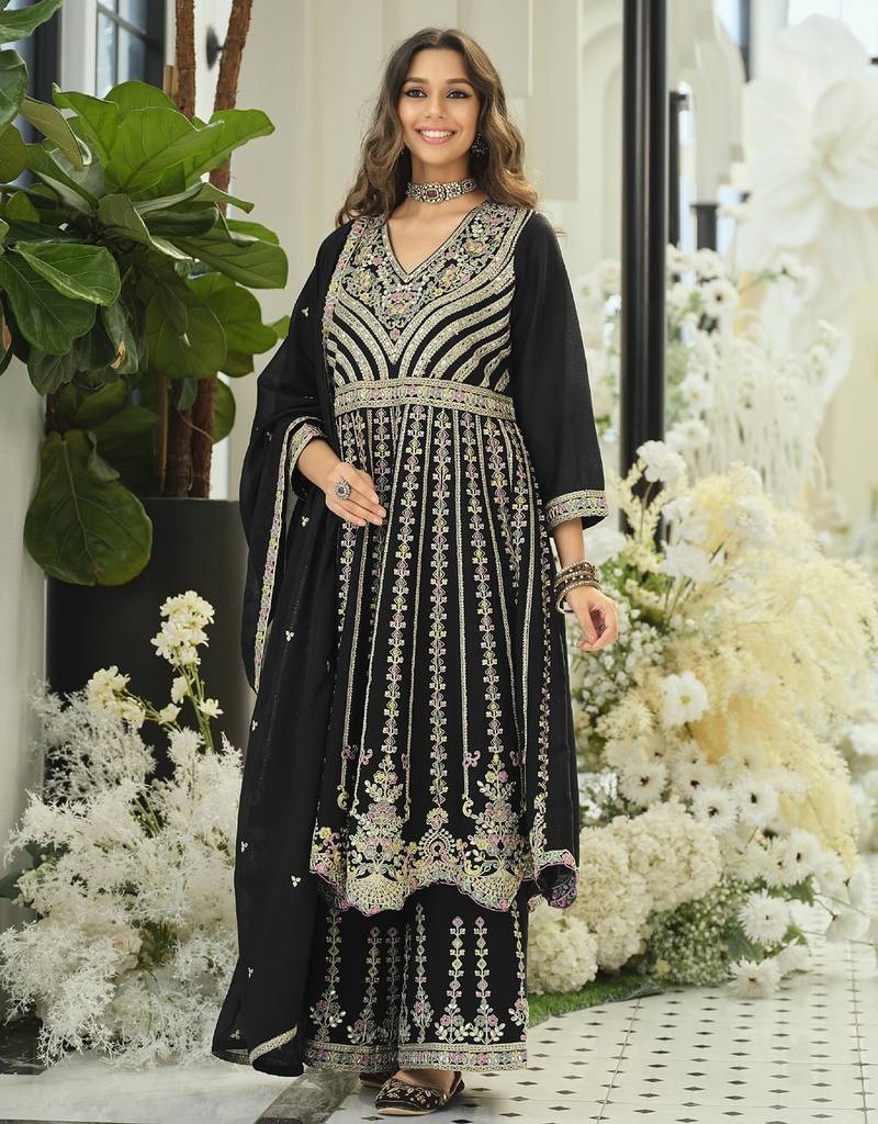 Black chiffon sequins work salwar suits free size up to 42