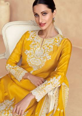Mustard silk blend sequins work semi stitched salwar suits suits size up to 42 2