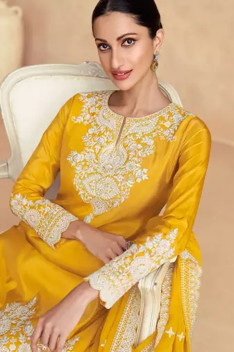 Mustard silk blend sequins work semi stitched salwar suits suits size up to 42