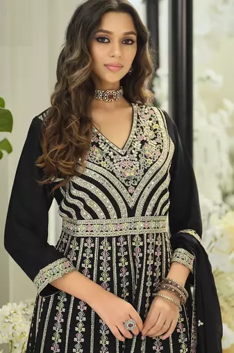 Black chiffon sequins work salwar suits free size up to 42