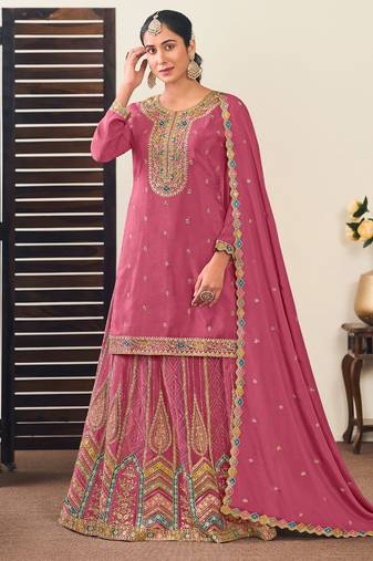 Pink chiffon sequins work semi stitched salwar suits suits size up to 42