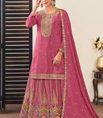 Pink chiffon sequins work semi stitched salwar suits suits size up to 42
