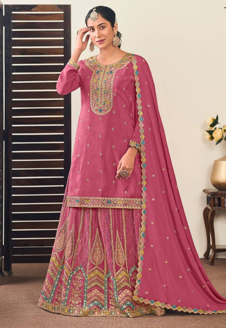 Pink chiffon sequins work semi stitched salwar suits suits size up to 42
