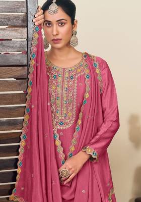 Pink chiffon sequins work semi stitched salwar suits suits size up to 42 2