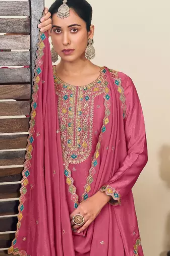 Pink chiffon sequins work semi stitched salwar suits suits size up to 42
