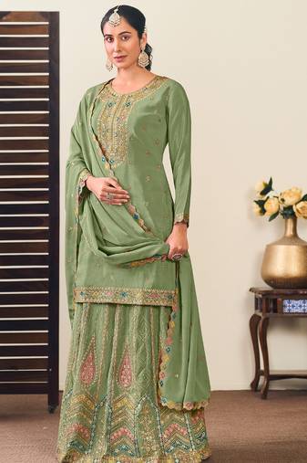 Green chiffon sequins work semi stitched salwar suits suits size up to 42