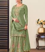 Green chiffon sequins work semi stitched salwar suits suits size up to 42