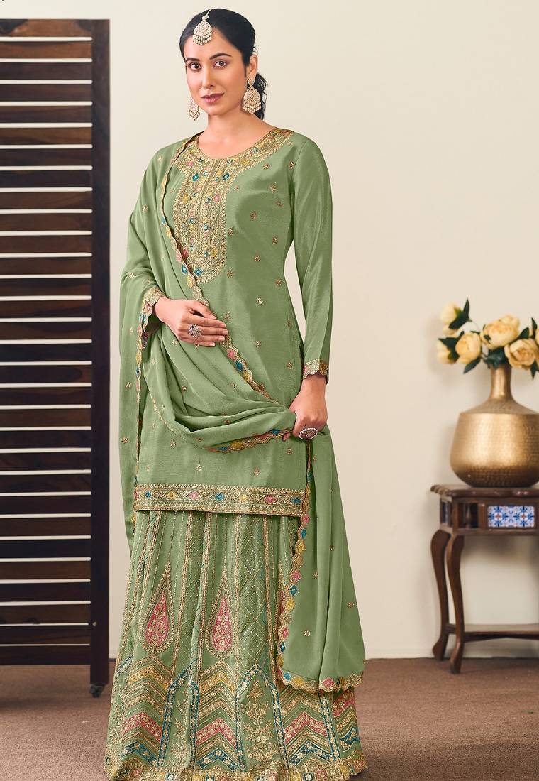 Green chiffon sequins work semi stitched salwar suits suits size up to 42