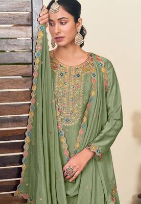 Green chiffon sequins work semi stitched salwar suits suits size up to 42 2