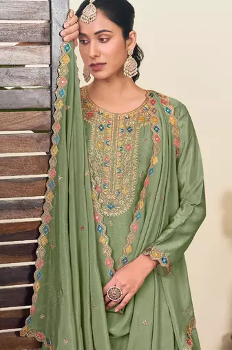 Green chiffon sequins work semi stitched salwar suits suits size up to 42
